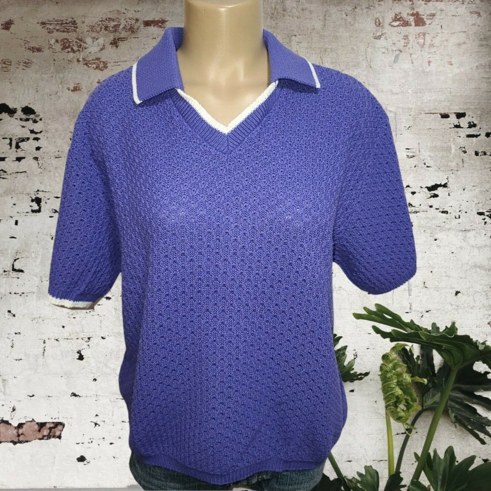 Vtg Donnkenny USA Women's Short Sleeve 100% Purple Cotton Top W Collar Sz L  WB4